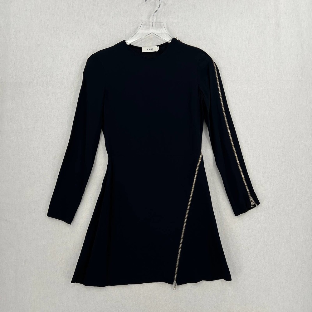 A.L.C. Dress Womens 0 Black Miro Viscose Blend Zipper Accent Mini Fit Flare Crew - Picture 4 of 14